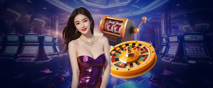 xe88 banner with roulette wheel, slot machine and hot girl 